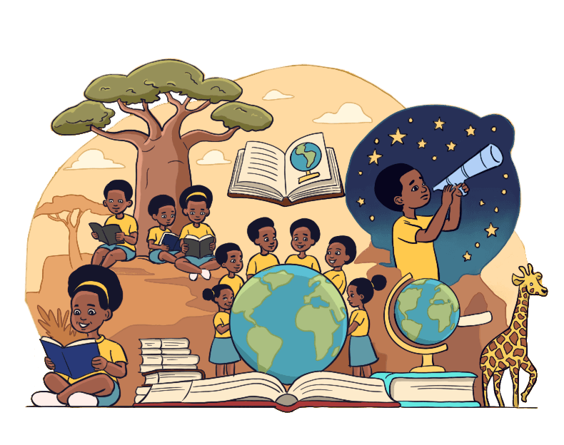 African children reading and learning — under a baobab tree, with globes, books, a telescope and a giraffe